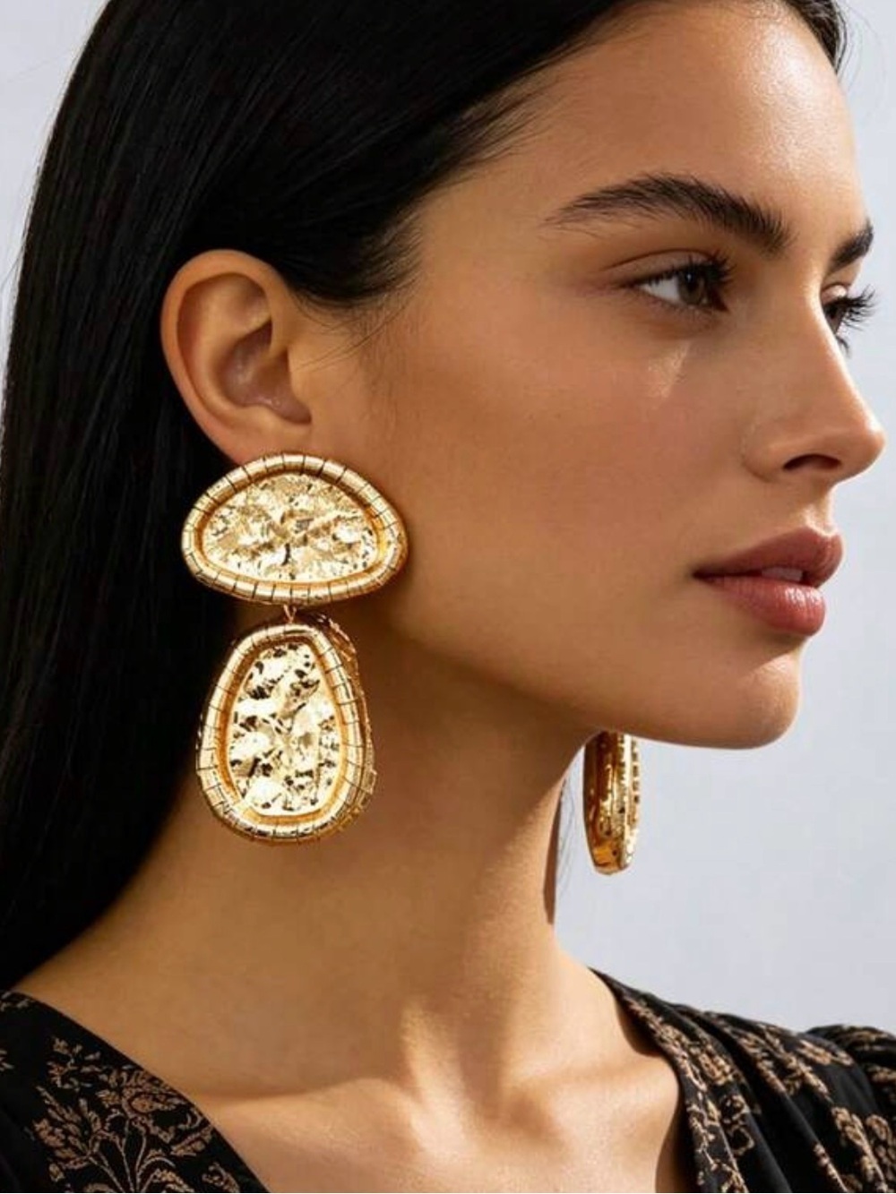 Statement Gold Double Drop Earrings – Textured Oversized Dangle